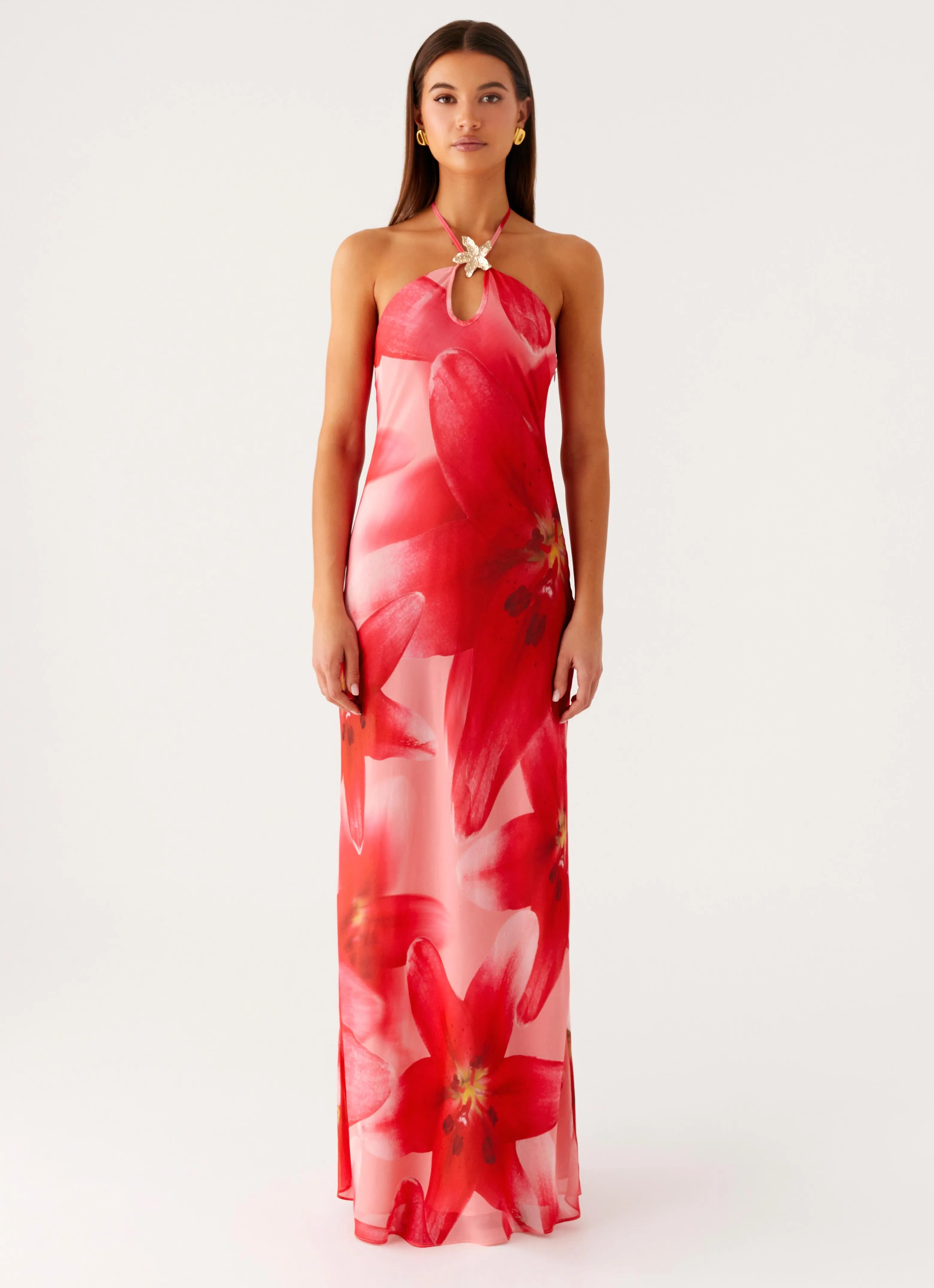 Vatiana Chiffon Maxi Dress - Peach Watermelon Flower Unisex Option Formal Elegance