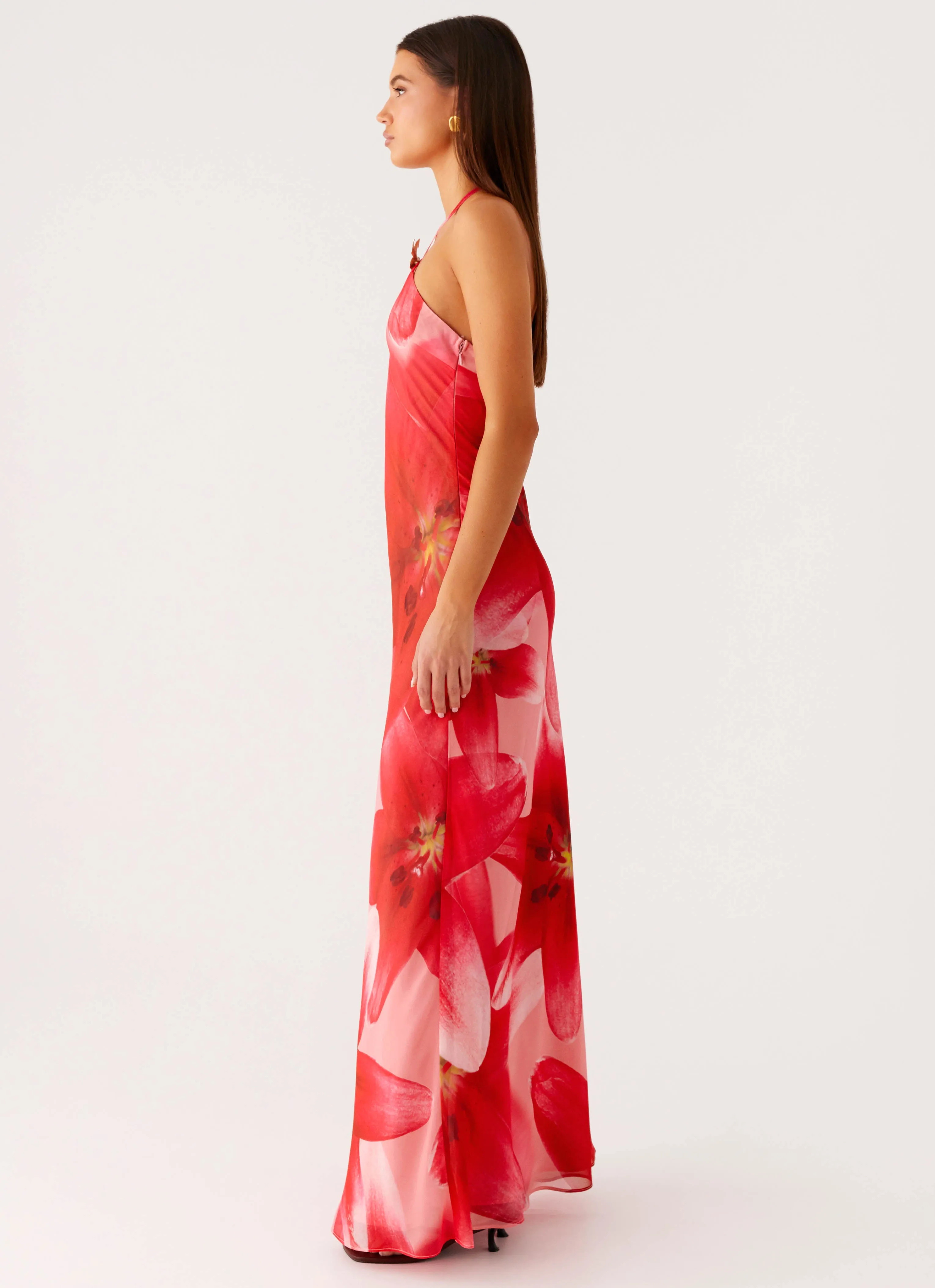 Ribbed Trim Vatiana Chiffon Maxi Dress - Peach Watermelon Flower