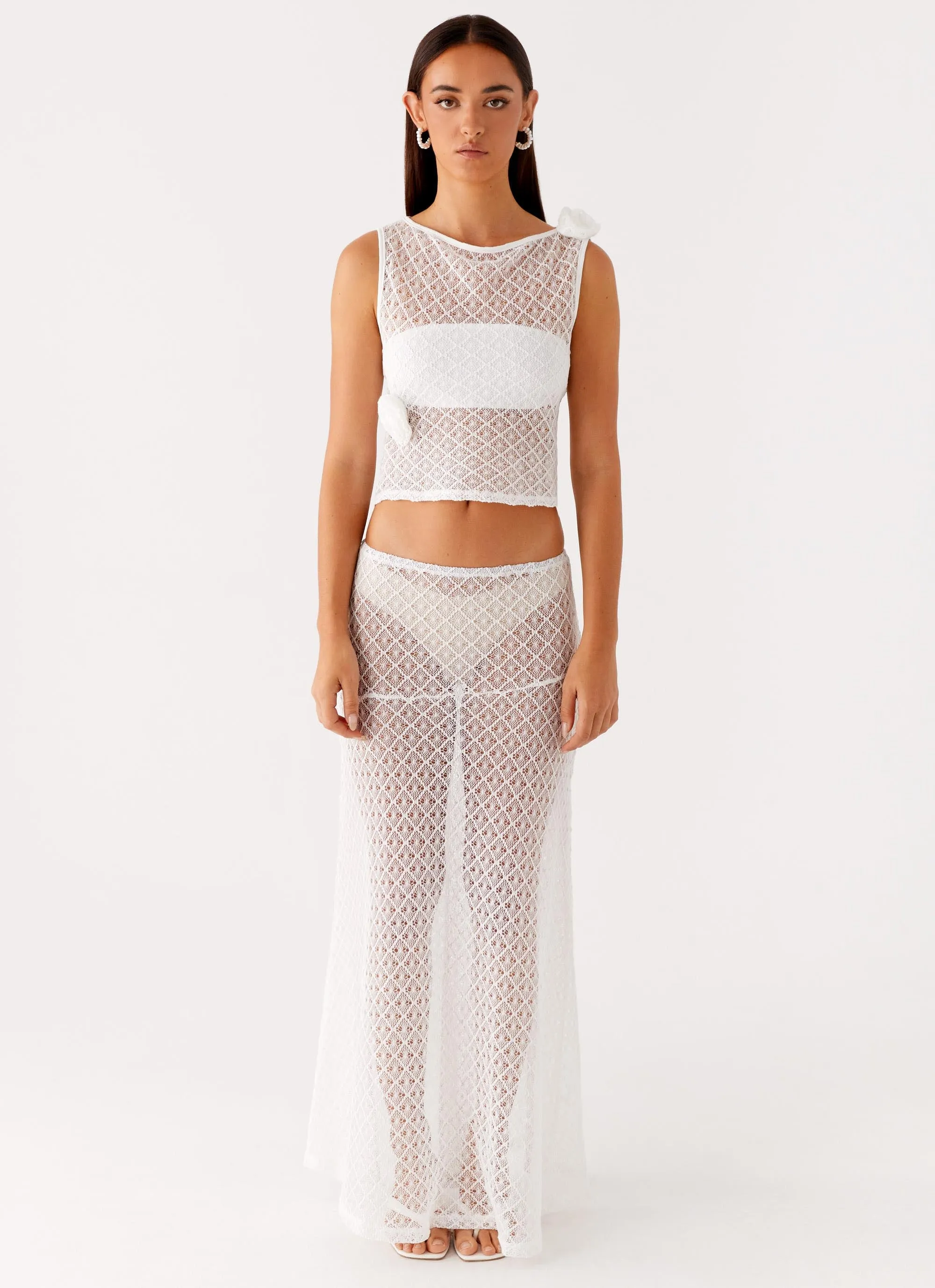 Velli Crochet Maxi Skirt - White Smart Comfort Corduroy texture