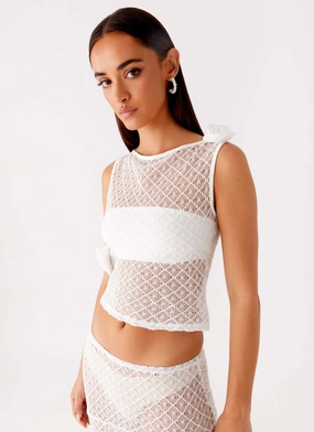 Tencel Cotton Hybrid Weave Reflective Logo Detail Velli Crochet Top - White