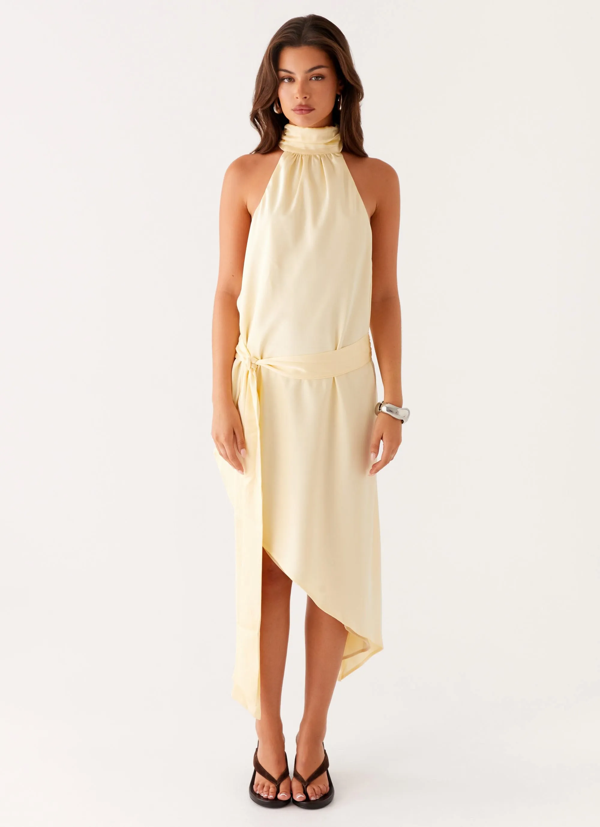 Atlantic Midi Dress - Yellow Embellished Neckline Twill Weave
