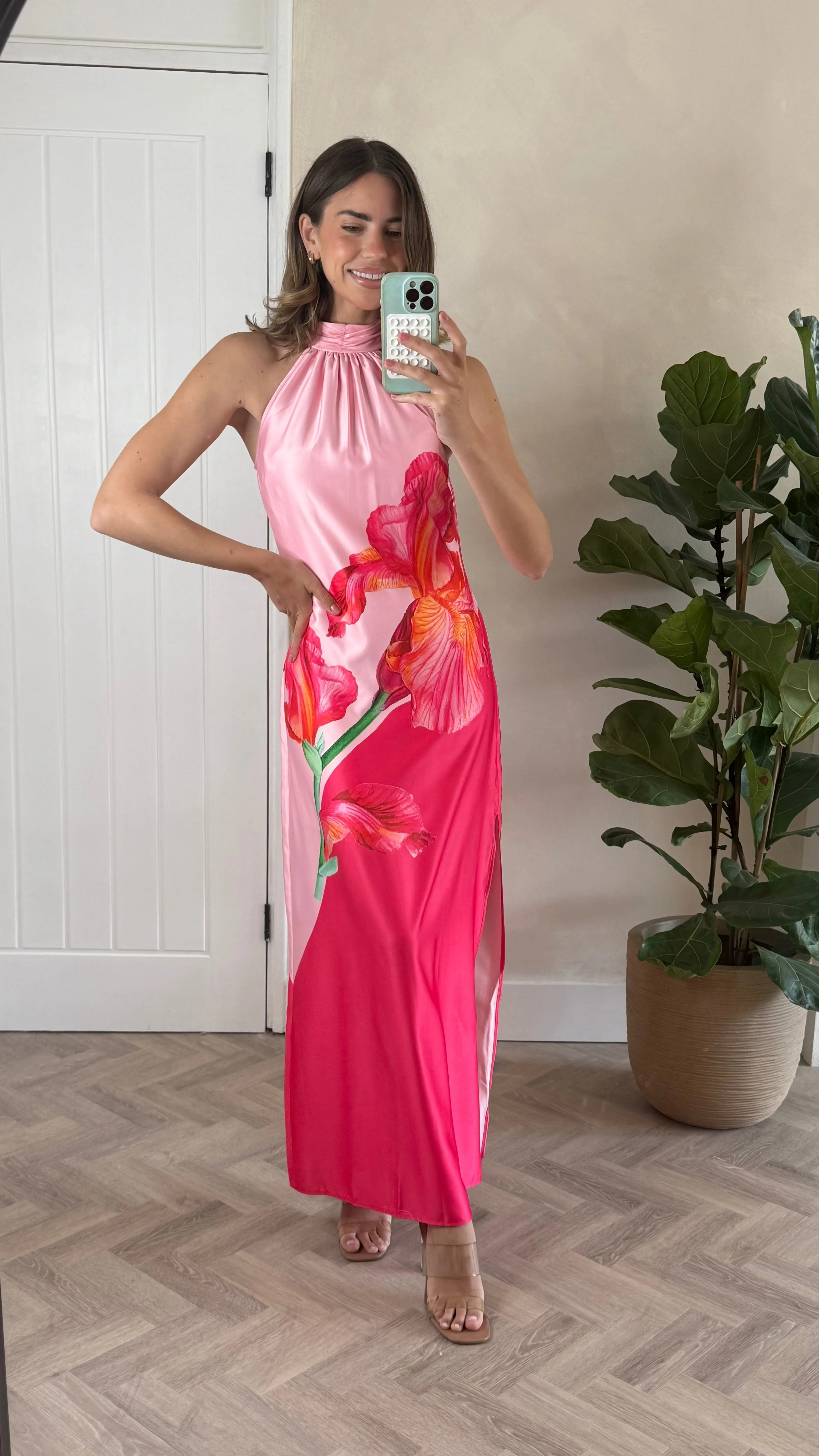 Sienna Satin Halter Placement Print Dress in Pink Soft Fit Wear