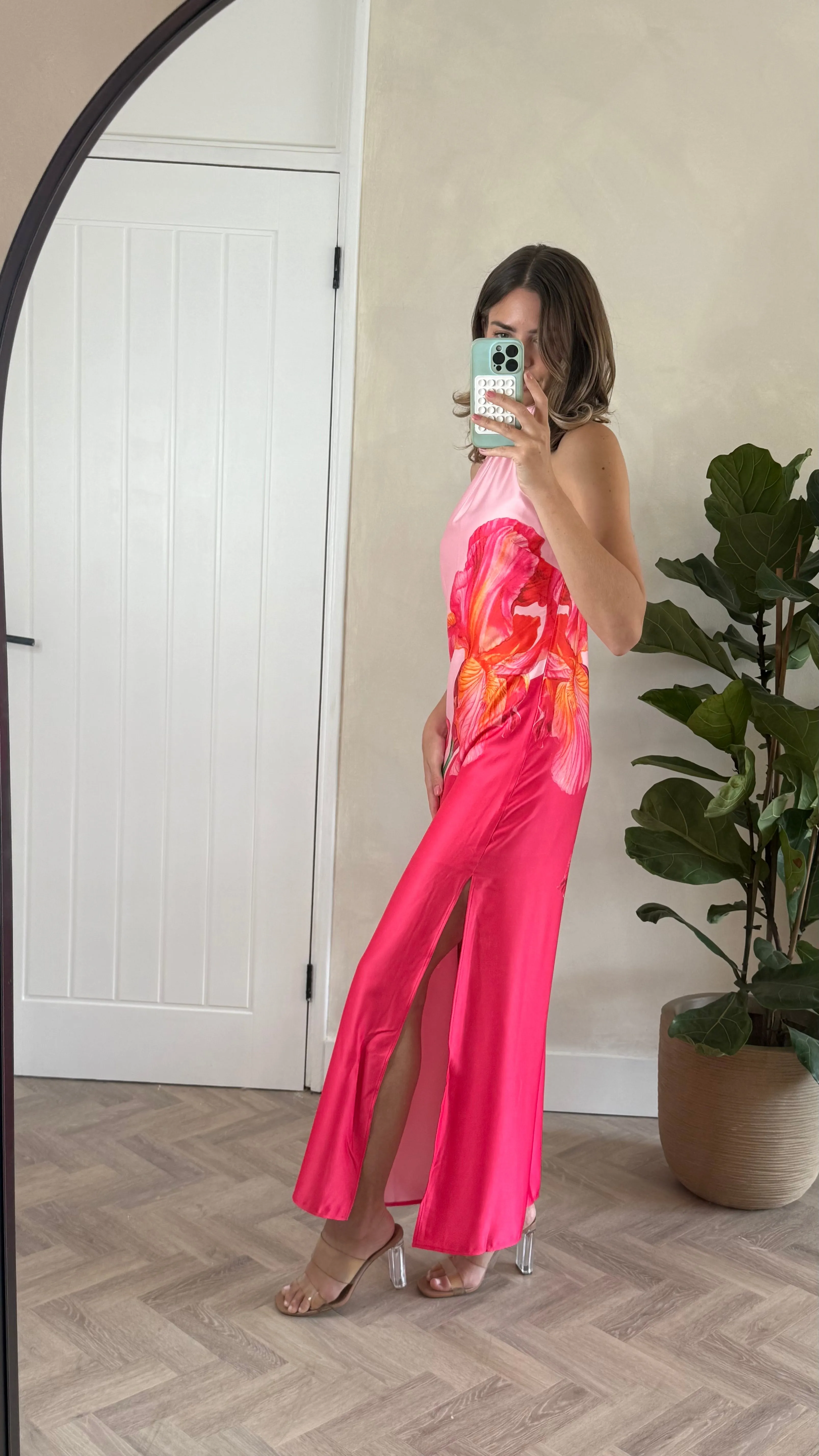 Everyday Look Smart Tailoring Sienna Satin Halter Placement Print Dress in Pink