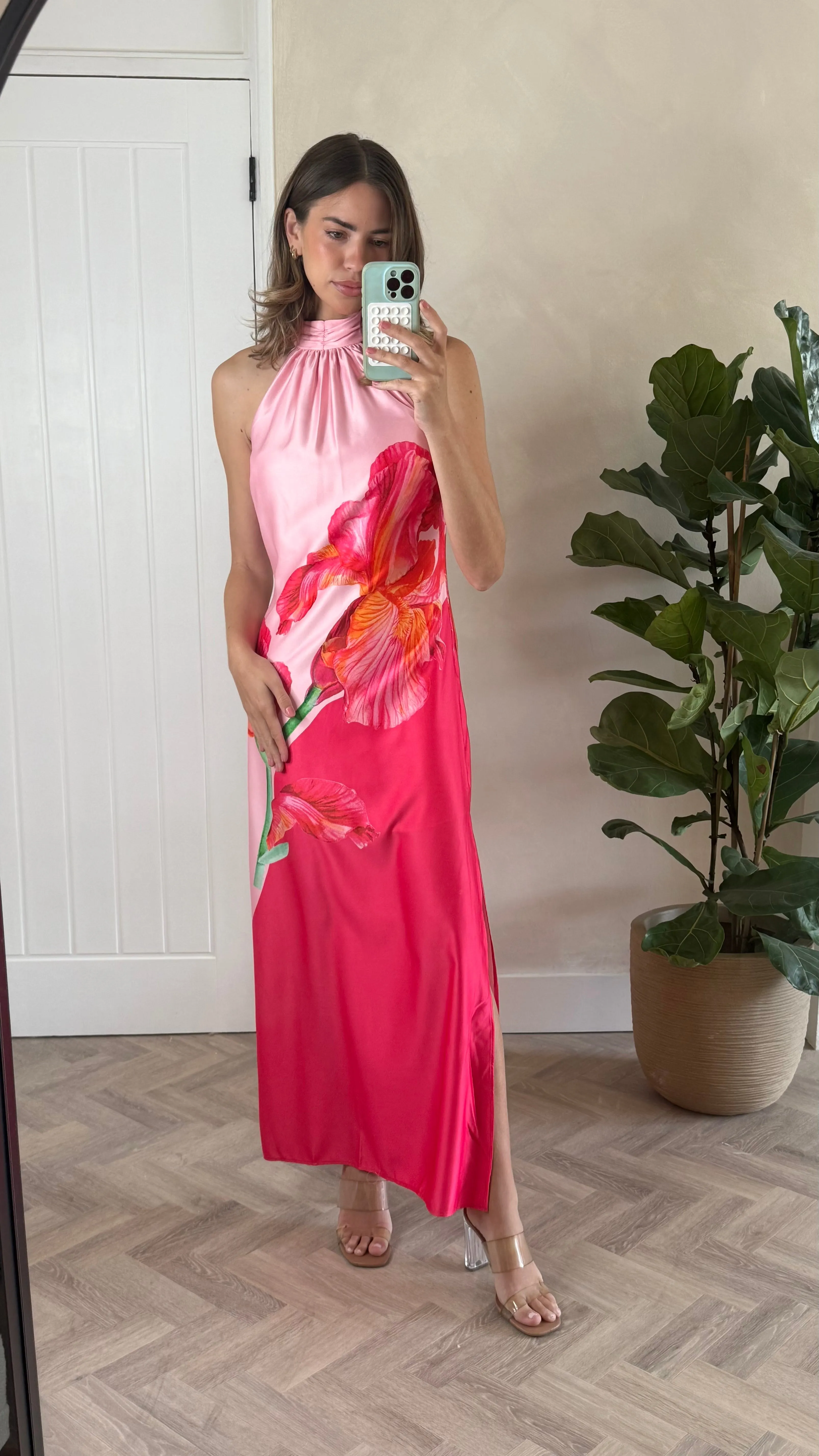 Feminine Movement Polished and Elegant Sienna Satin Halter Placement Print Dress in Pink