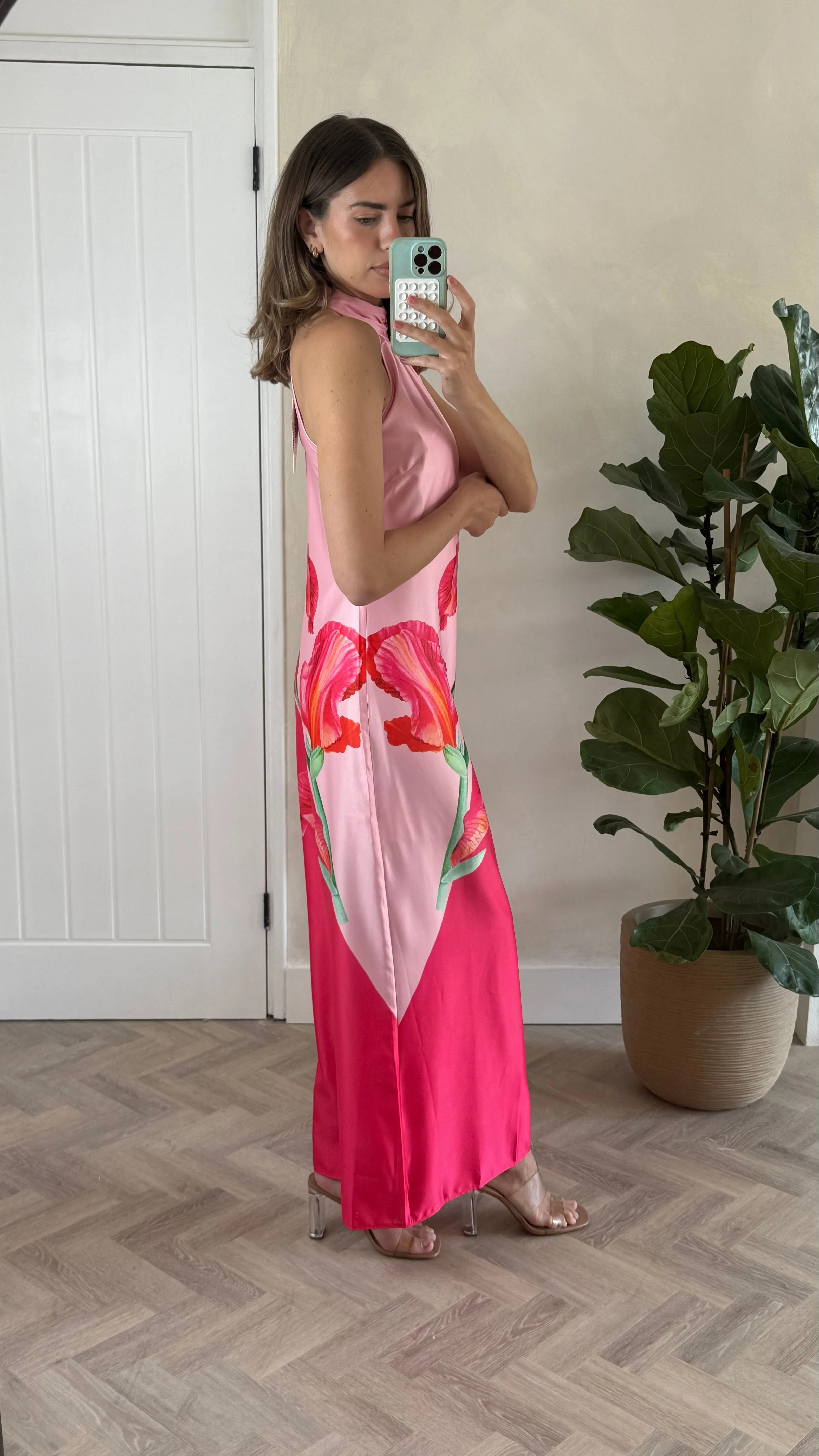 Urban Touch Casual Pick Sienna Satin Halter Placement Print Dress in Pink