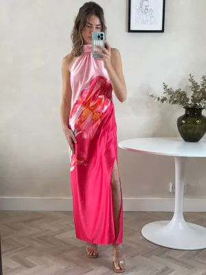 Versatile Layering Sienna Satin Halter Placement Print Dress in Pink Sienna Satin Halter Placement Print Dress in Pink Elegant Comfort Perfectly Tailored