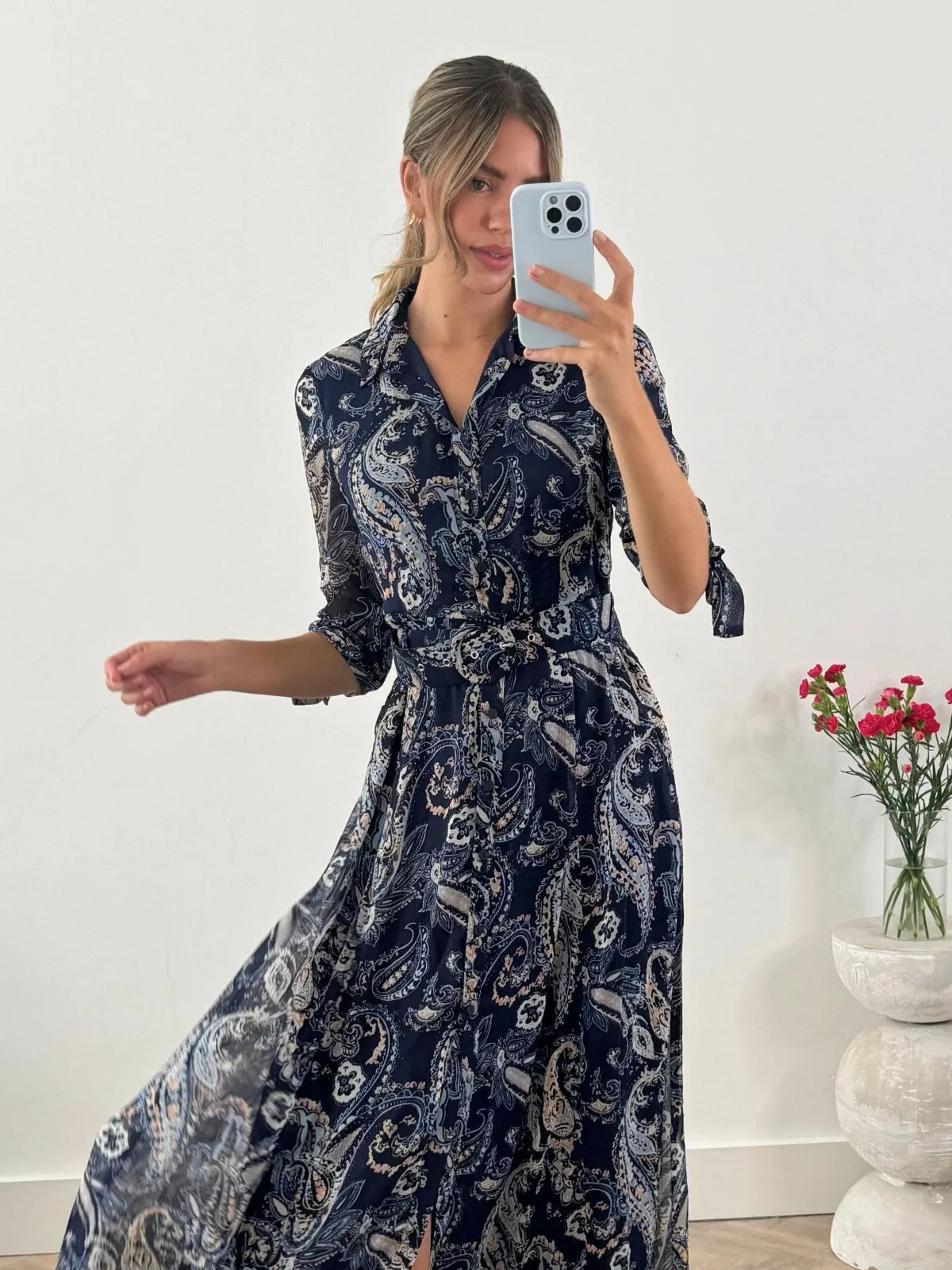 Daphne Belted Shirt Dress / Blue Paisley Dreamy Simplicity