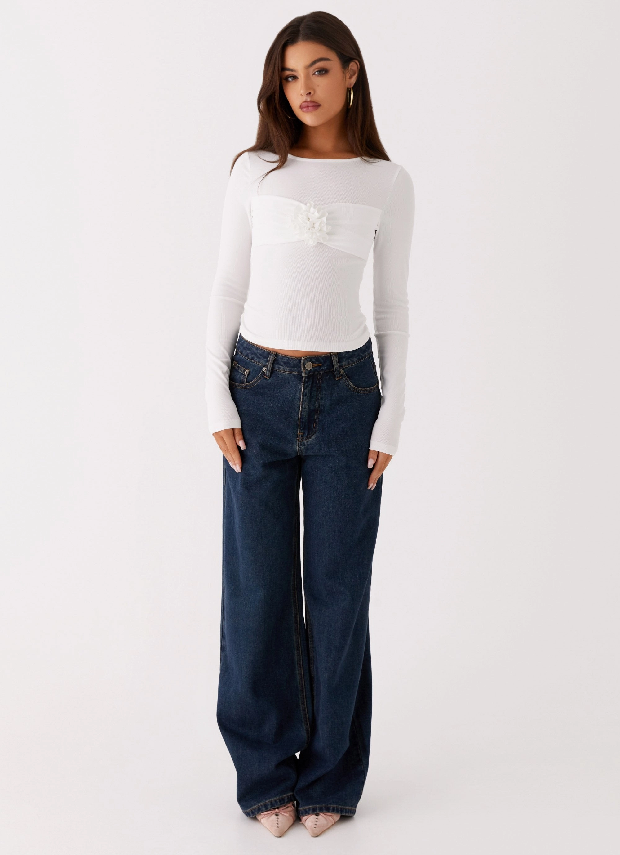 Jeyda Long Sleeve Rose Top - White Ventilated Back Panel