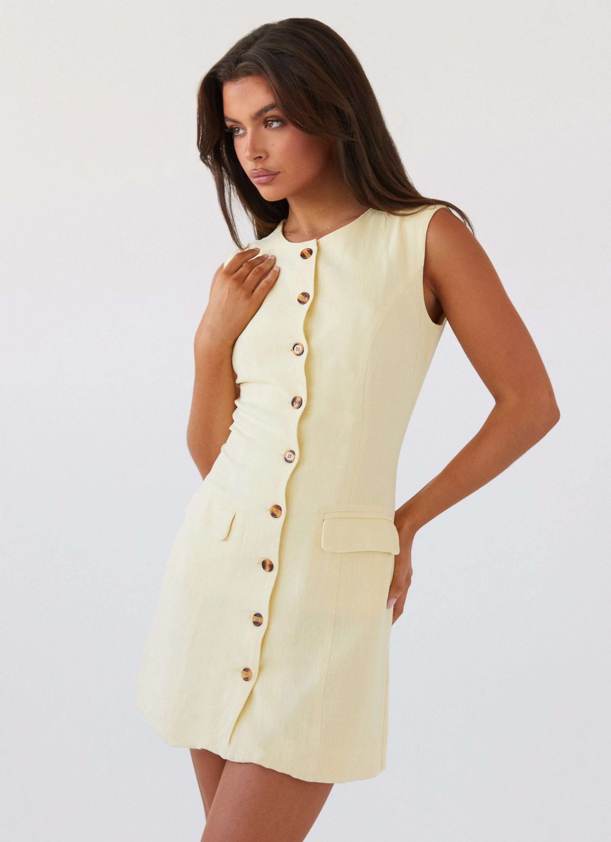 Castello Fiore Linen Mini Dress - Lemon Relax Appeal Sunset Look