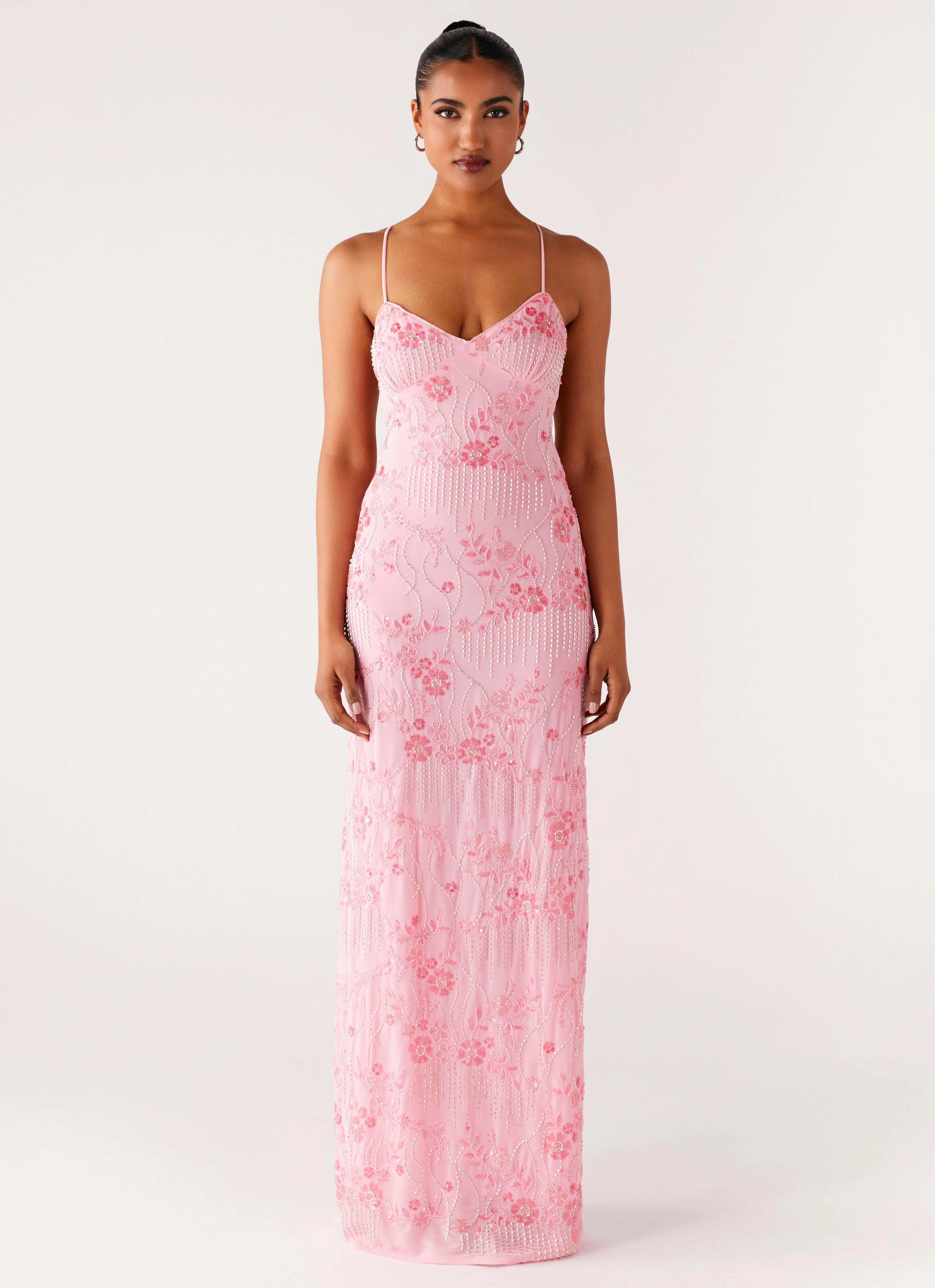Vietta Sequin Cami Maxi Dress - Pink Elegant knee-length dress Draped Layer