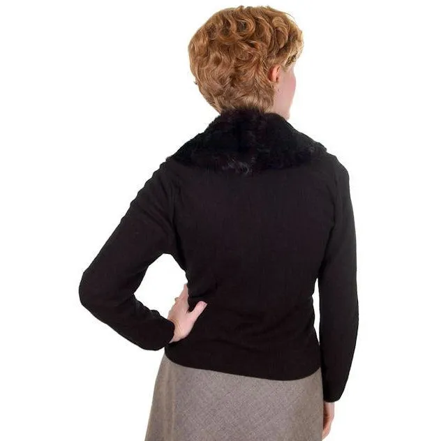 Vintage Black Sweater w/Dark Brown Fur Shawl Collar 1950s M