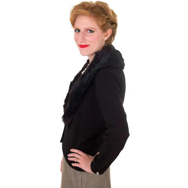 Vintage Black Sweater w/Dark Brown Fur Shawl Collar 1950s M