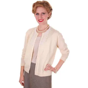 Vintage Cream Colored Wool/Angora Beaded Cardigan Sweater 1950s Lg