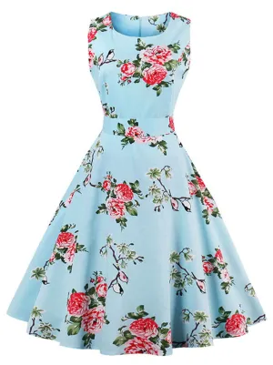 Vintage Floral Print Sleeveless Party Swing Dress