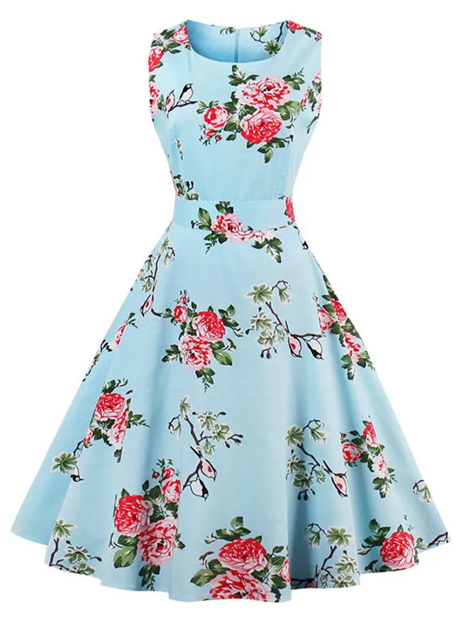 Vintage Floral Print Sleeveless Party Swing Dress