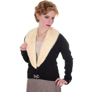 Vintage Ladies Black Cashmere Sweater w/Cream Mink Collar 1950s Med-Lg
