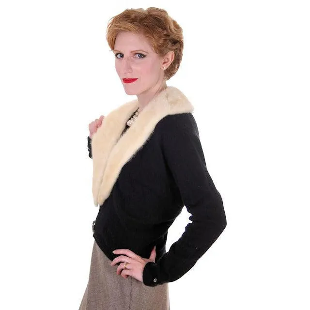 Vintage Ladies Black Cashmere Sweater w/Cream Mink Collar 1950s Med-Lg