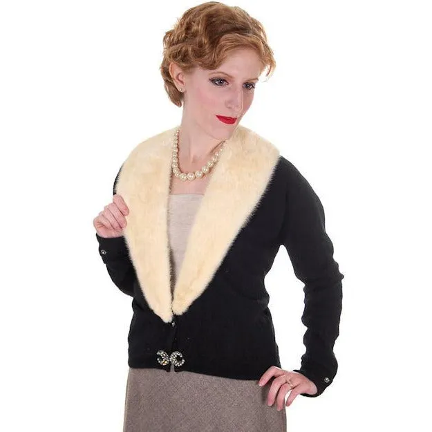 Vintage Ladies Black Cashmere Sweater w/Cream Mink Collar 1950s Med-Lg