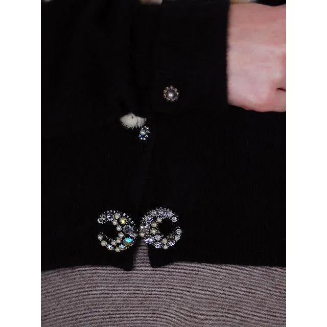 Vintage Ladies Black Cashmere Sweater w/Cream Mink Collar 1950s Med-Lg
