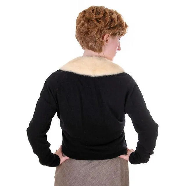 Vintage Ladies Black Cashmere Sweater w/Cream Mink Collar 1950s Med-Lg