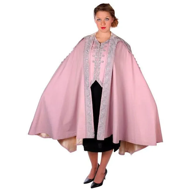 Vintage Pale Pink Titanic Era Cape Wool/Silver Metal Soutache S.Ungar Label RARE