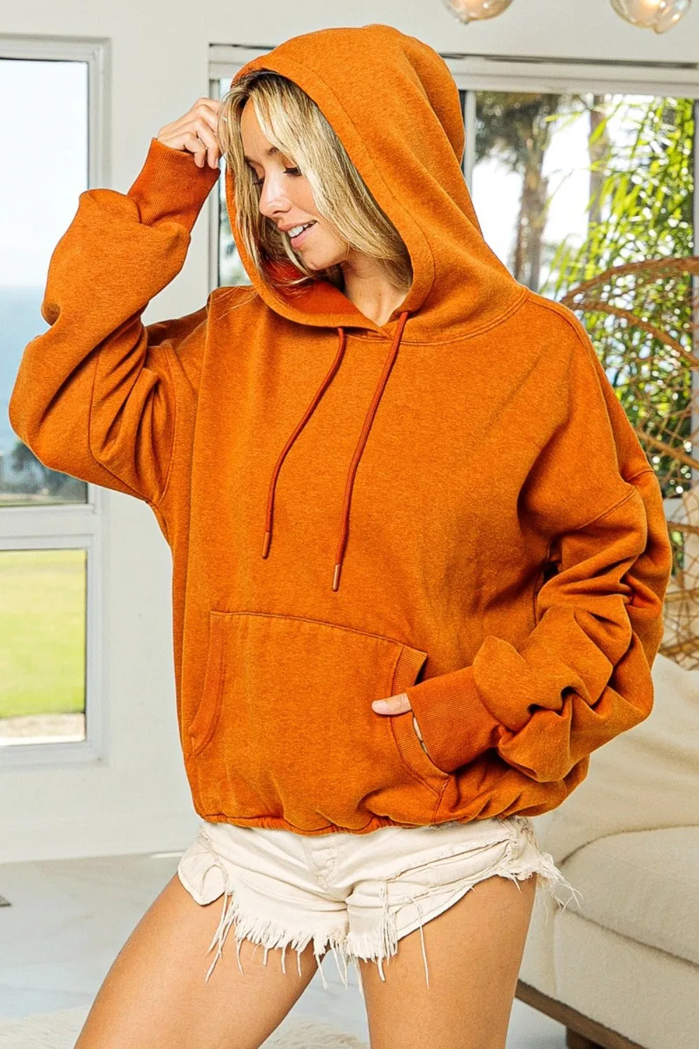 Vintage Rust Ruched Long Sleeve Washed Fleece Hoodie