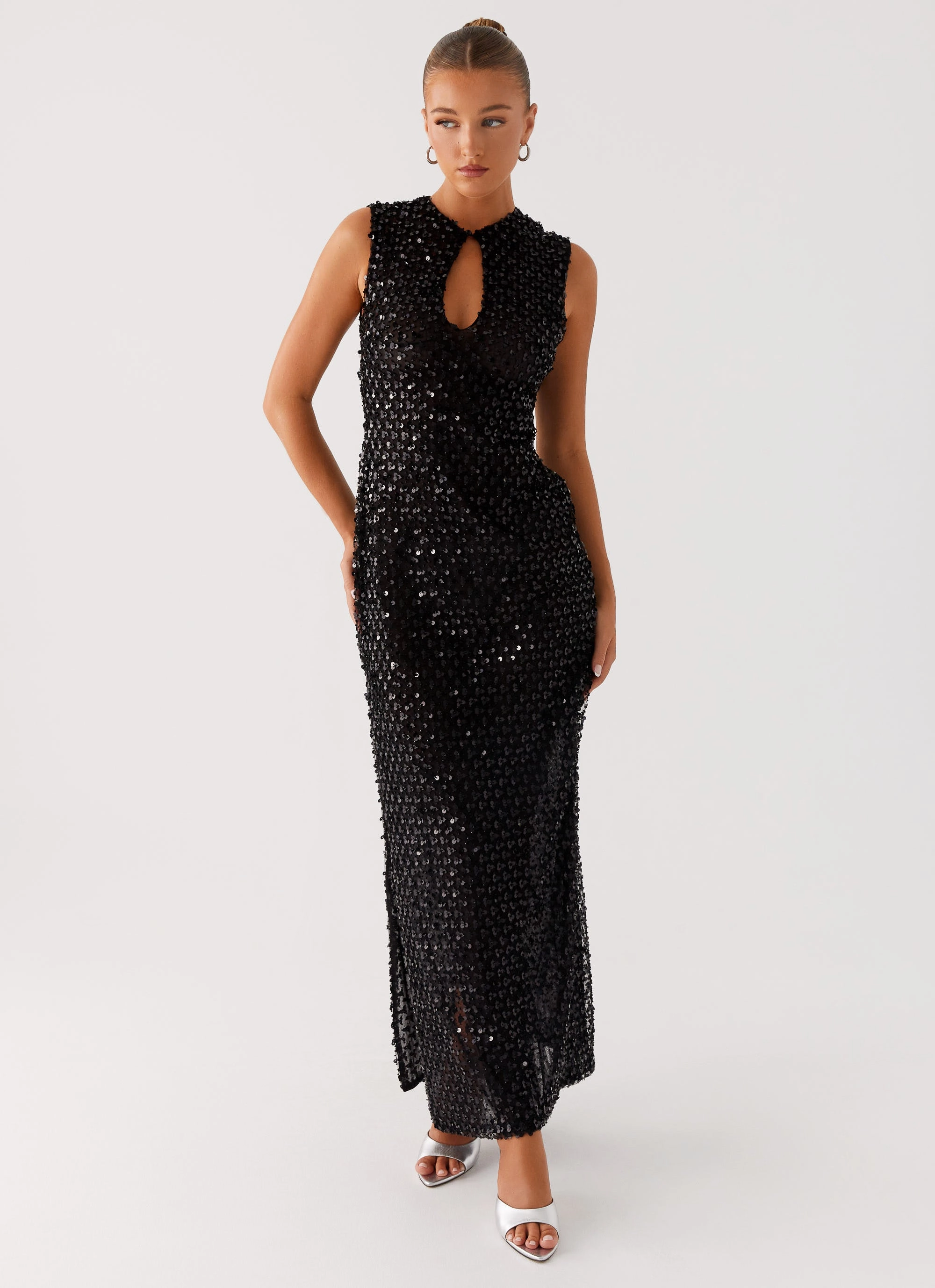 Year Round Sleek Cut Kore Sequin Maxi Dress - Black