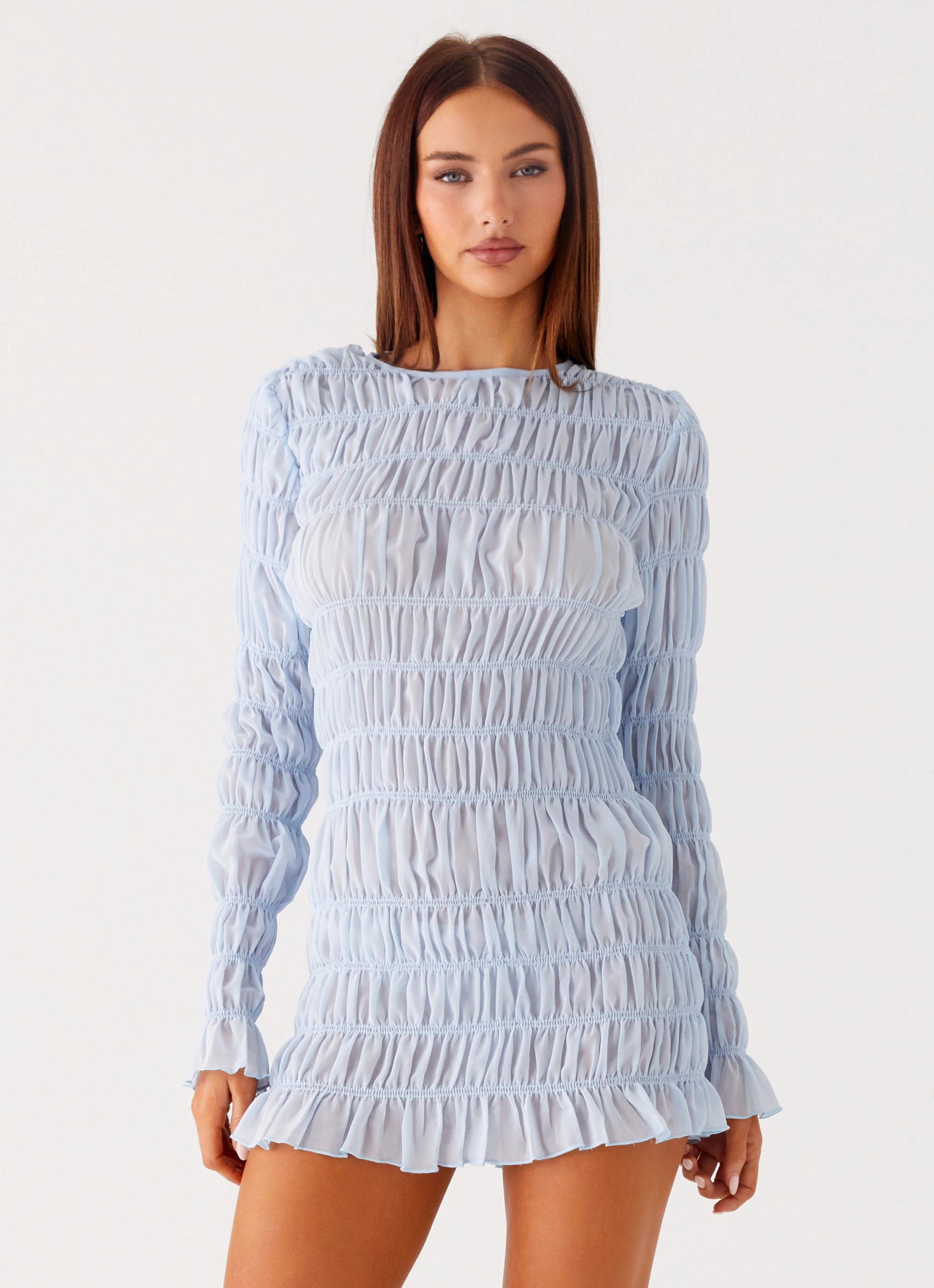 Sleeveless Cut Flowing Lines Jasy Long Sleeve Mini Dress - Sky Blue
