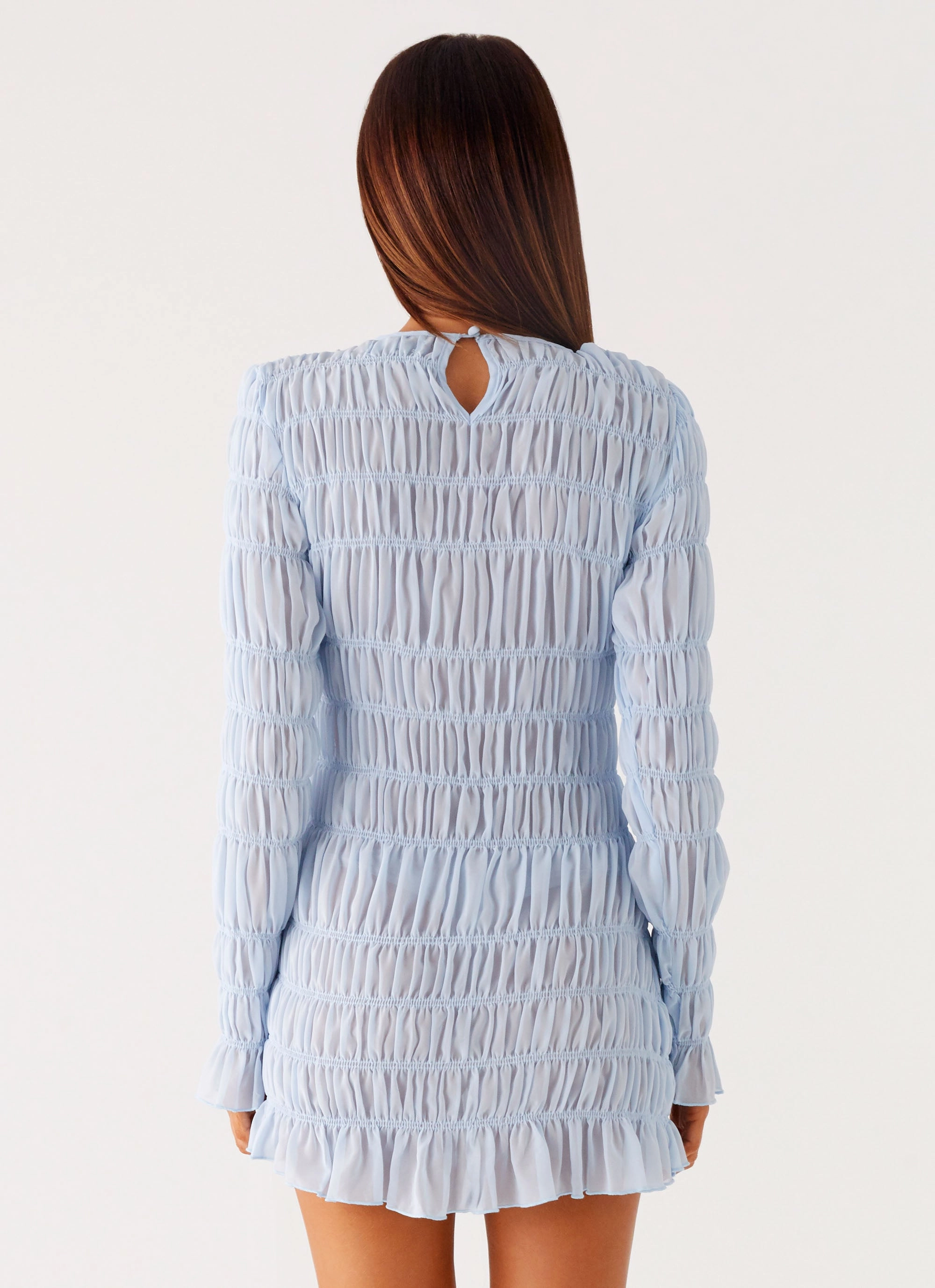 Jasy Long Sleeve Mini Dress - Sky Blue Scalloped-Edge