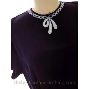 Vintge Navy Blue Rayon White Beaded Blouse 1940s Morlove Large -XL
