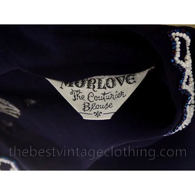 Vintge Navy Blue Rayon White Beaded Blouse 1940s Morlove Large -XL