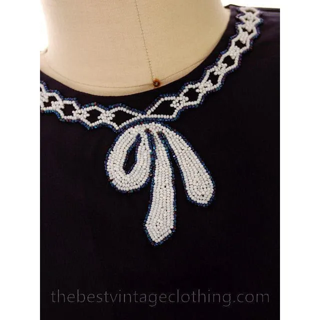 Vintge Navy Blue Rayon White Beaded Blouse 1940s Morlove Large -XL