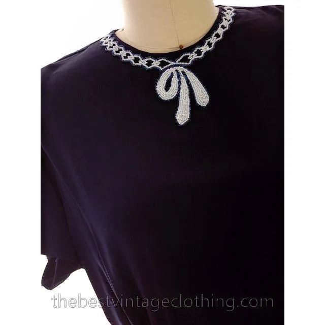 Vintge Navy Blue Rayon White Beaded Blouse 1940s Morlove Large -XL