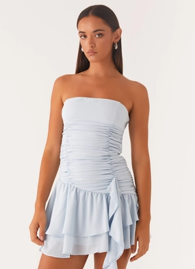 Viviana Mini Dress - Baby Blue Fit Waist Silk Air Flap-Detail Viviana Mini Dress - Baby Blue
