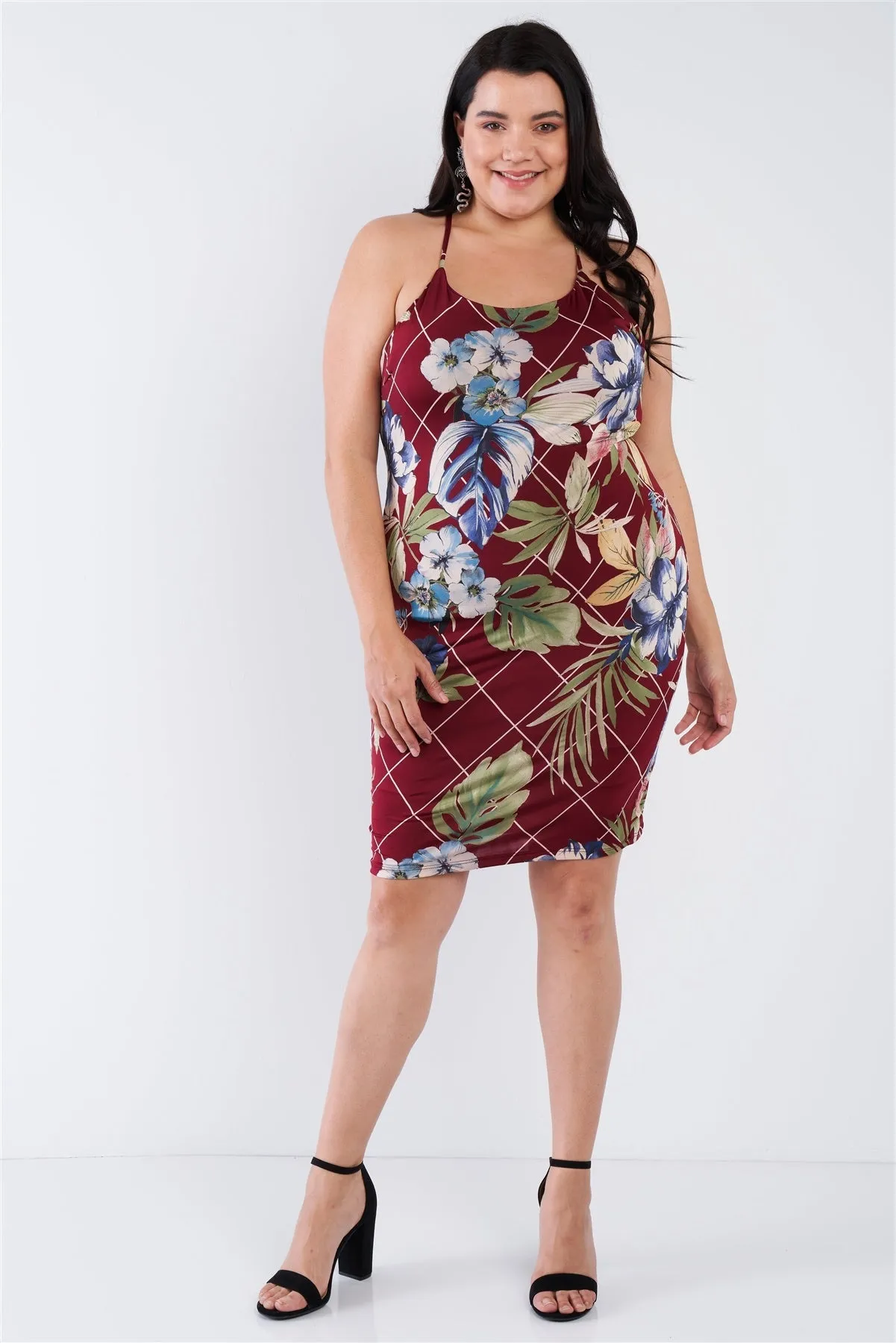 Voluptuous ( ) Plus Size Criss-cross Open Back Mini Floral Print Dress -2 styles