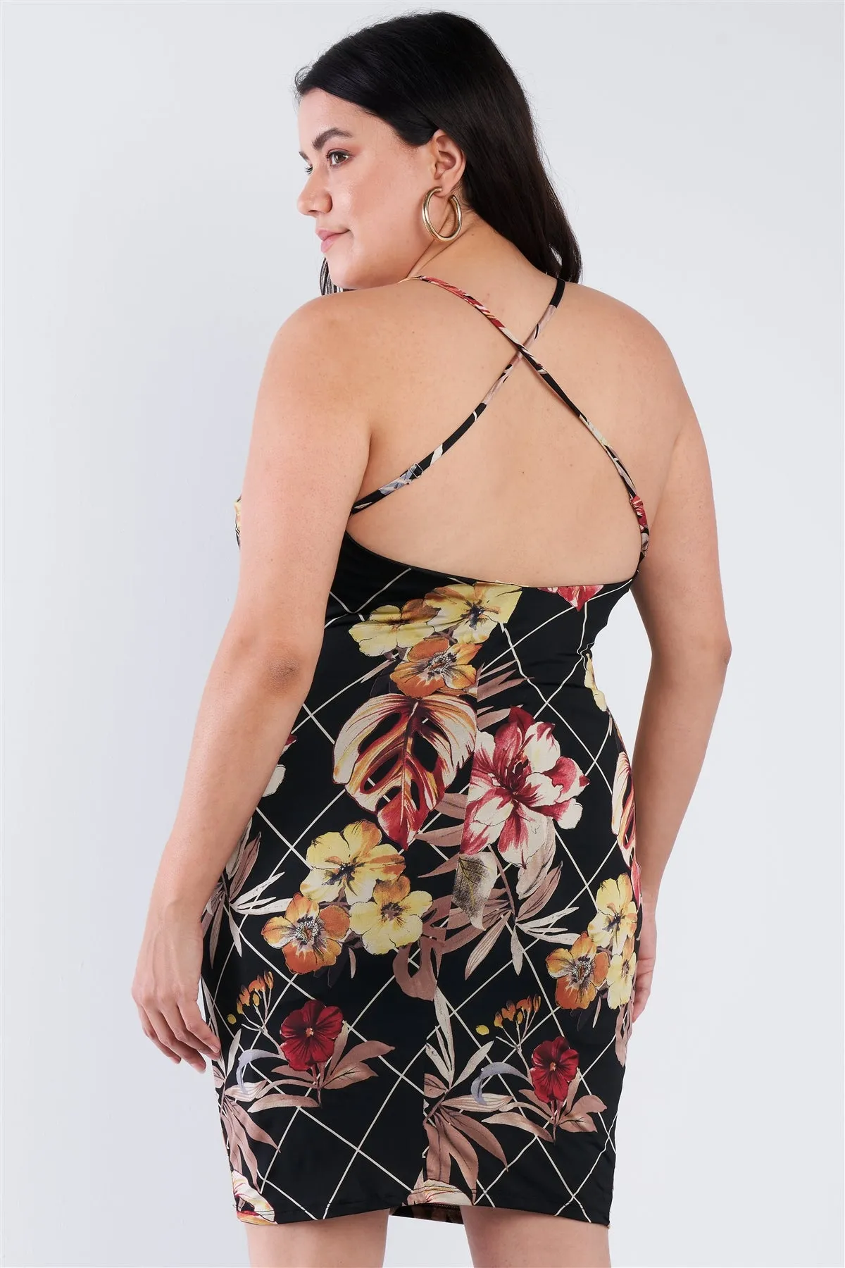 Voluptuous ( ) Plus Size Criss-cross Open Back Mini Floral Print Dress -2 styles