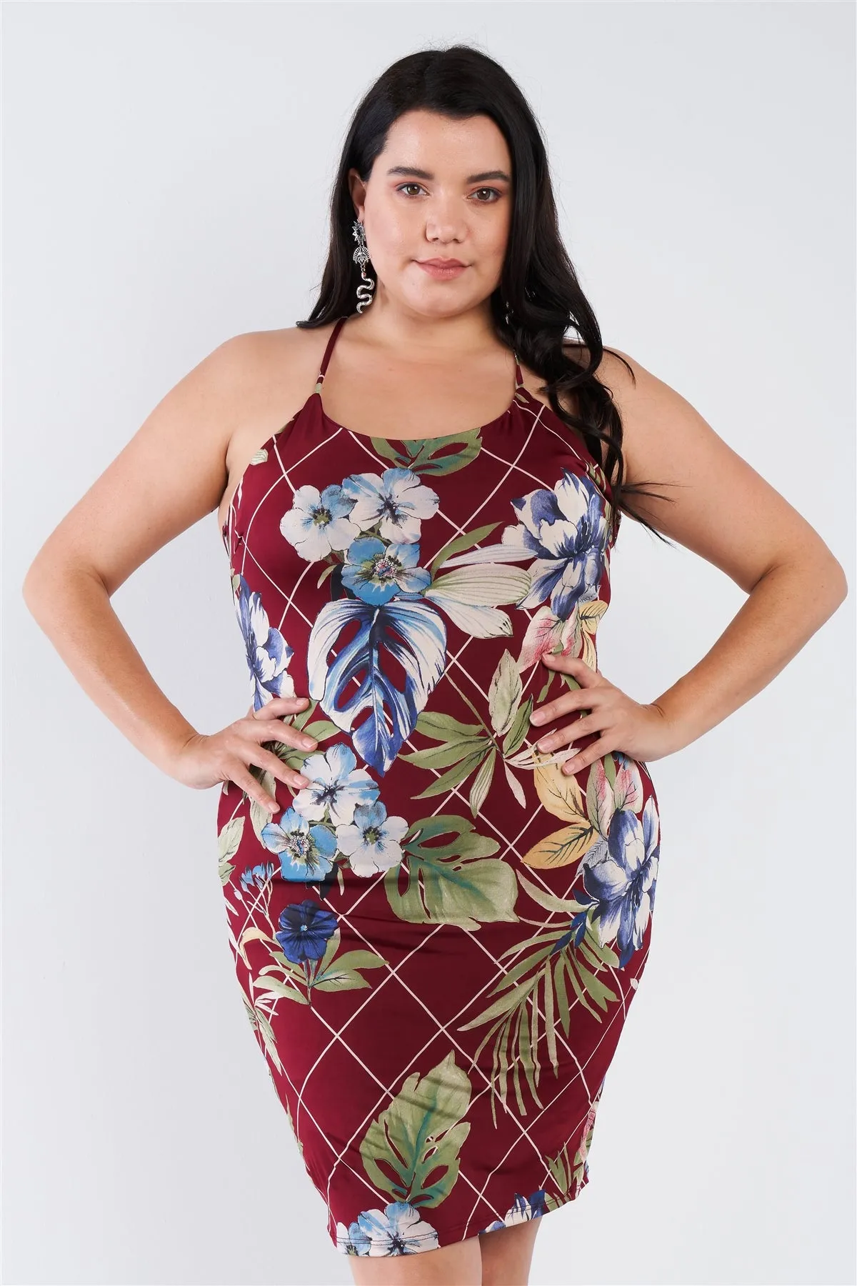 Voluptuous ( ) Plus Size Criss-cross Open Back Mini Floral Print Dress -2 styles