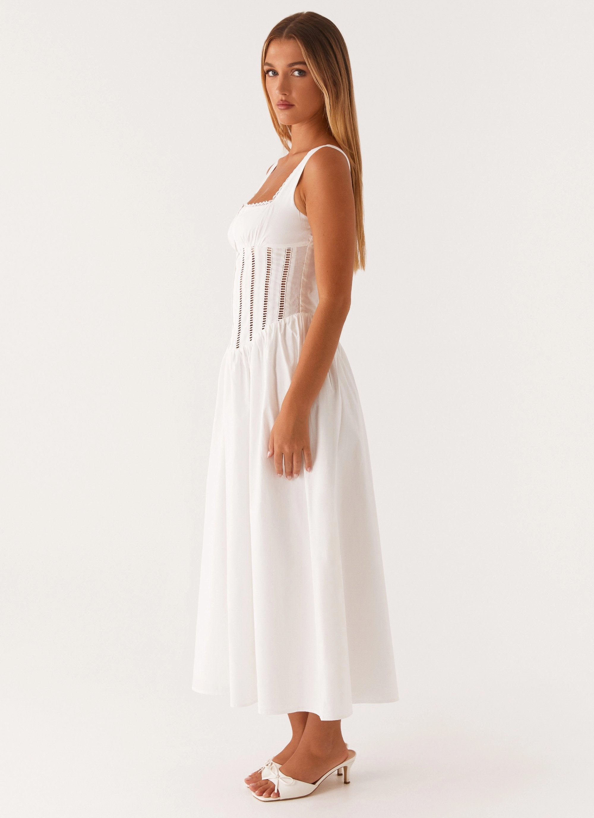 Square Neck Skin Glow Waiting On You Midi Dress - White