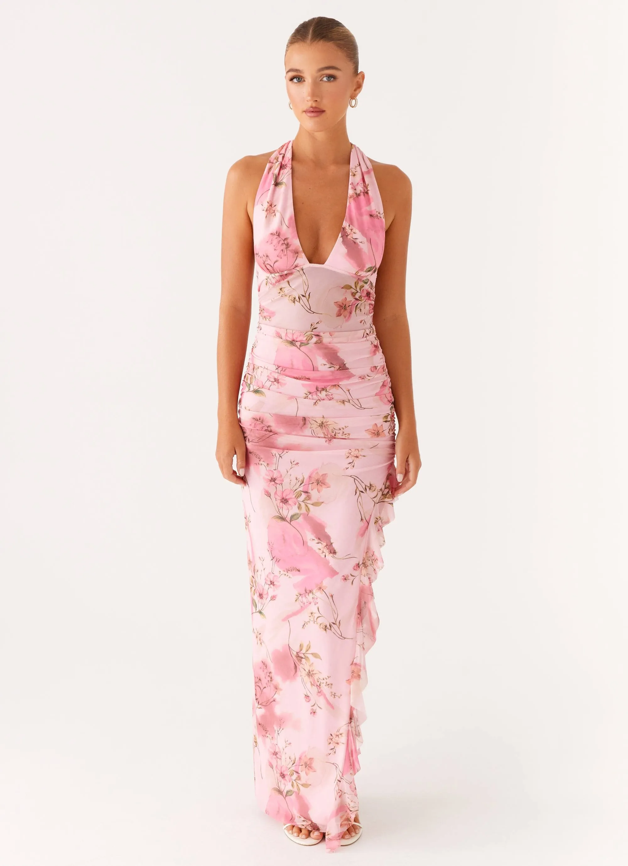 Cool Comfort Minimalist Aesthetic Micca Halter Maxi Dress - Pink Floral Print