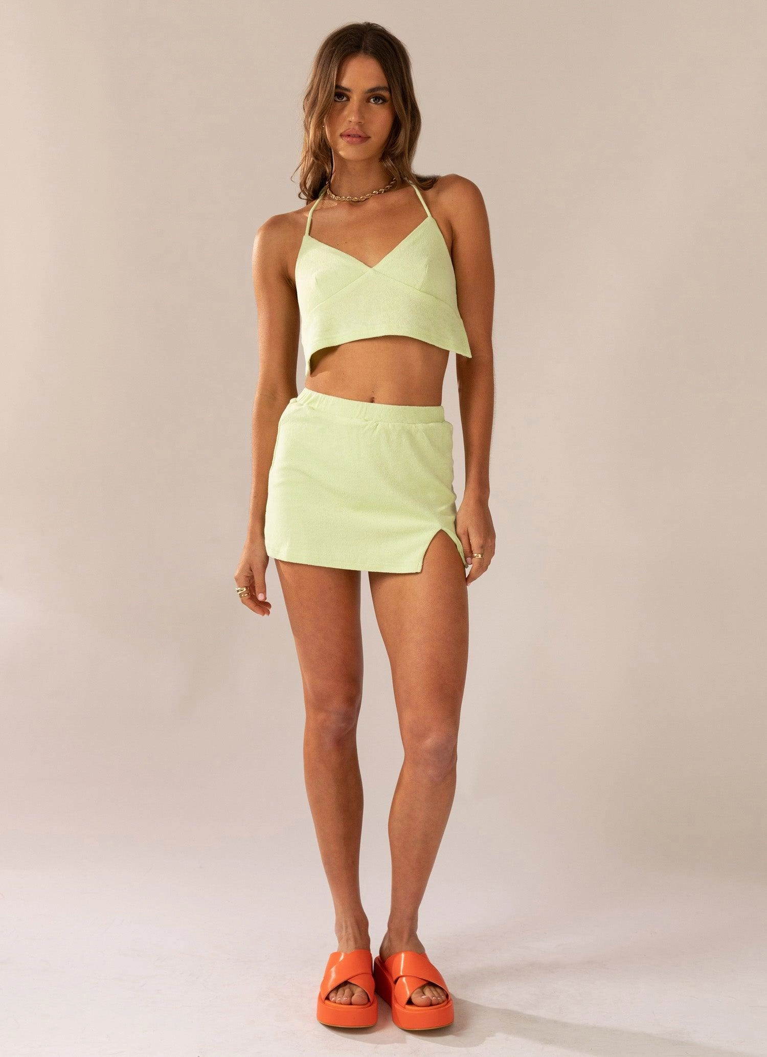 Warmer Water Terry Halter Crop - Lime Green High Neck Design