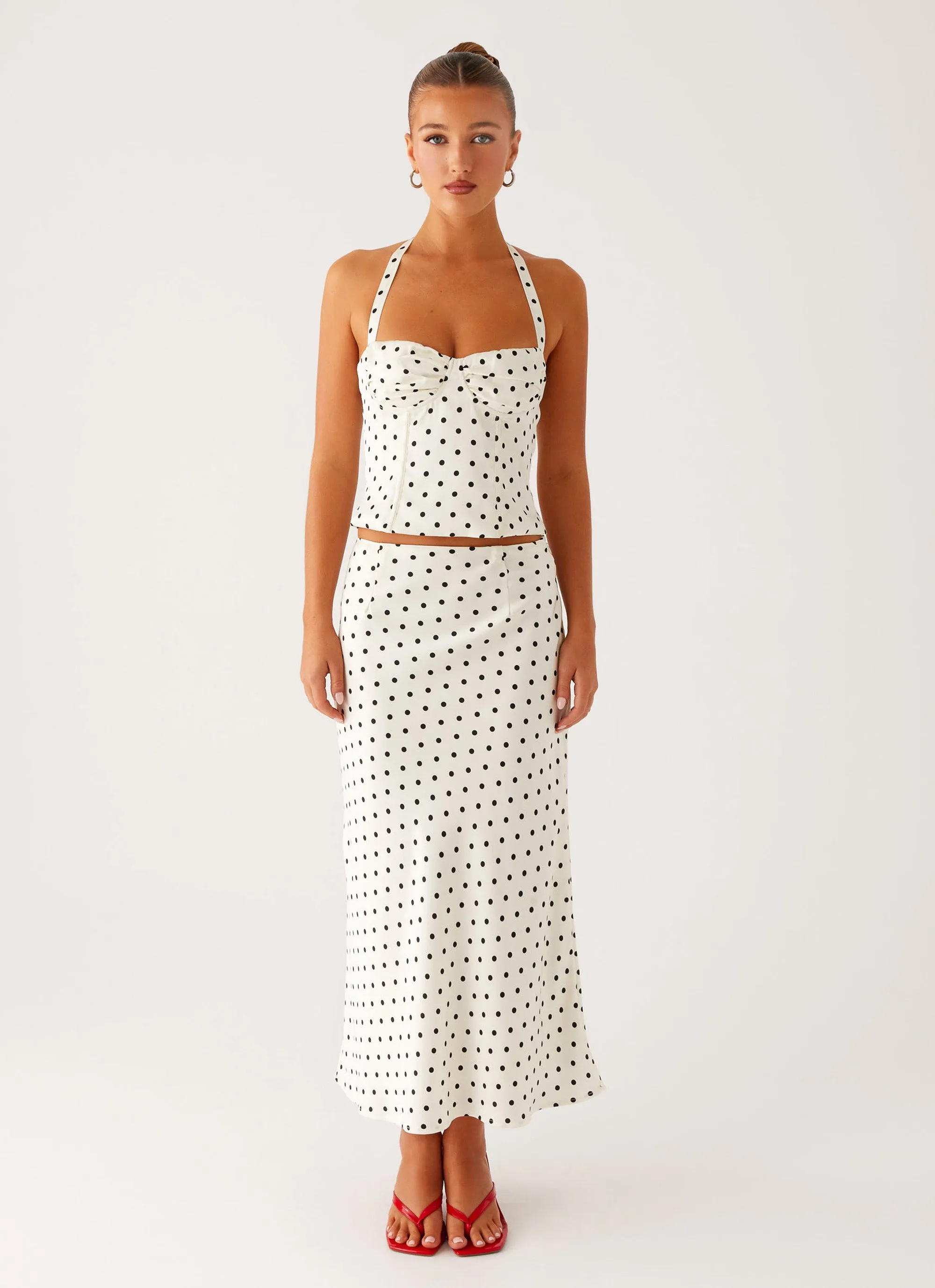 Breanne Midi Skirt - White Polka Dot Linen Cotton Mix