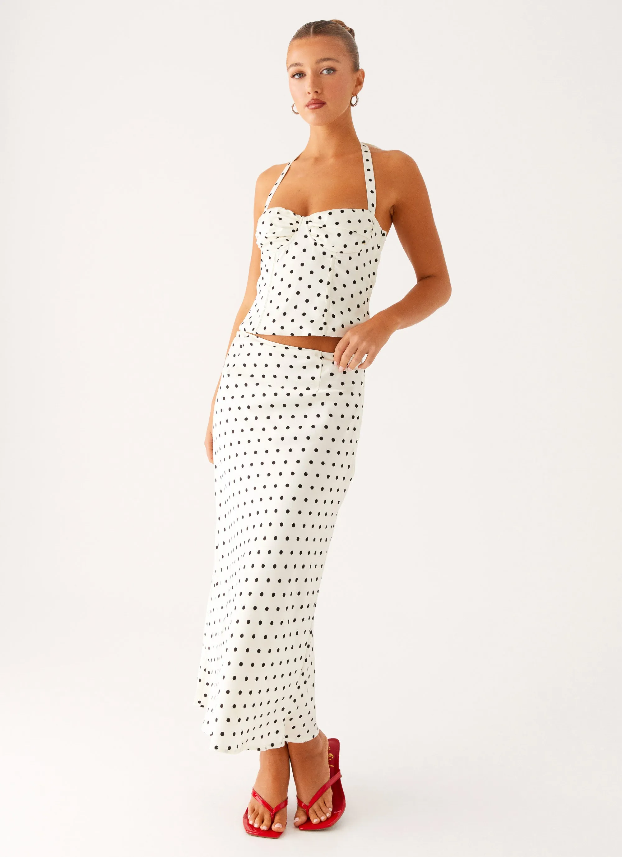Performance Outfit A line Breanne Midi Skirt - White Polka Dot