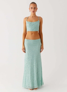 Amoura Sequin Cowl Top - Mint Sage Insulated Layer Elasticated Waistband