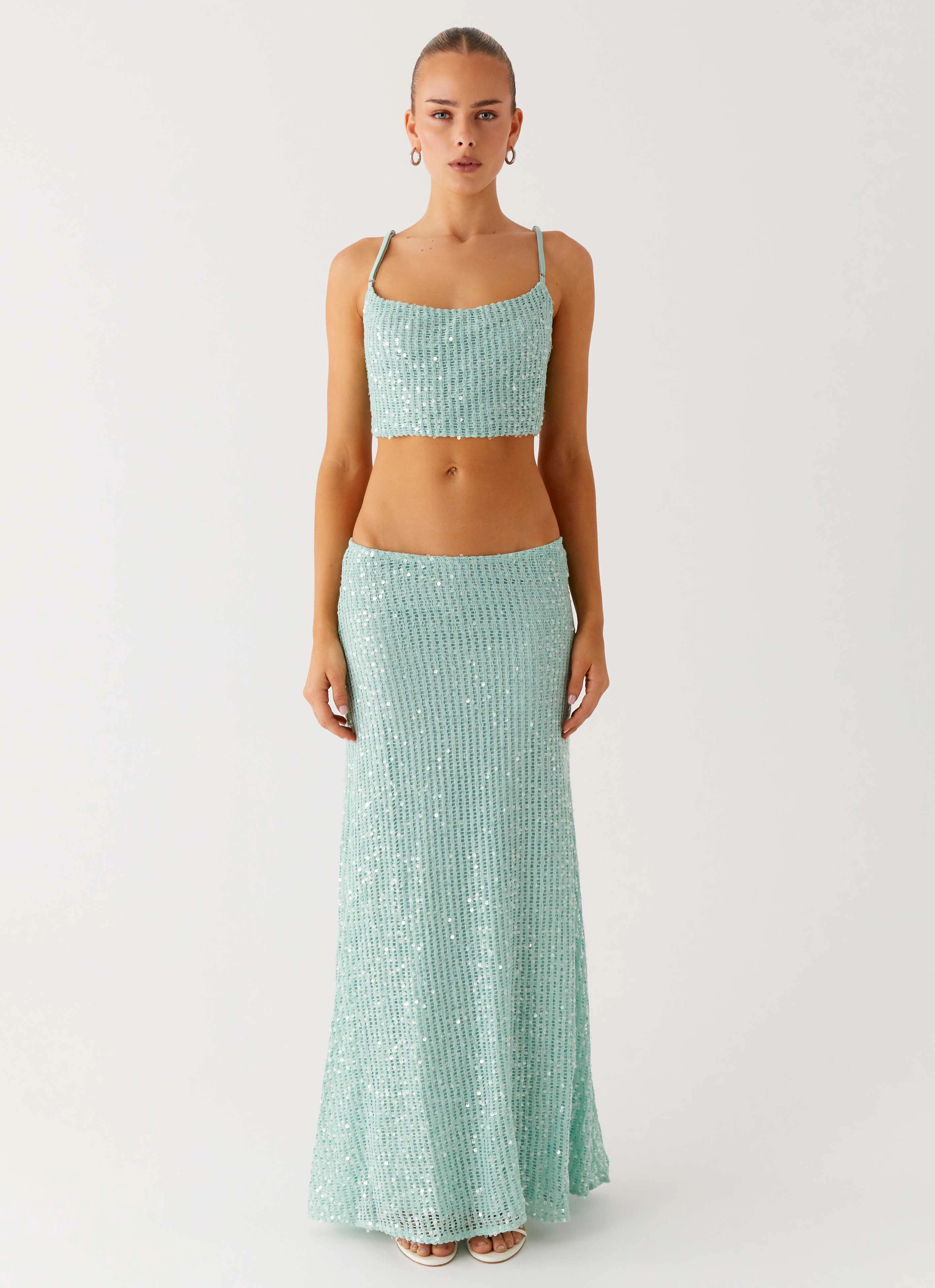 Amoura Sequin Cowl Top - Mint Sage Insulated Layer Elasticated Waistband