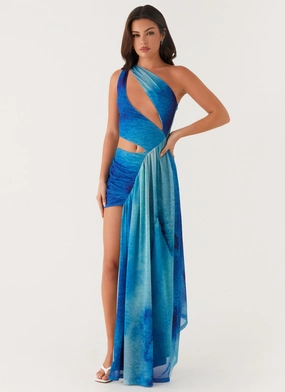 Blinded Maxi Dress - Blue Tie Dye Tonal-Panel Shimmer-Finish