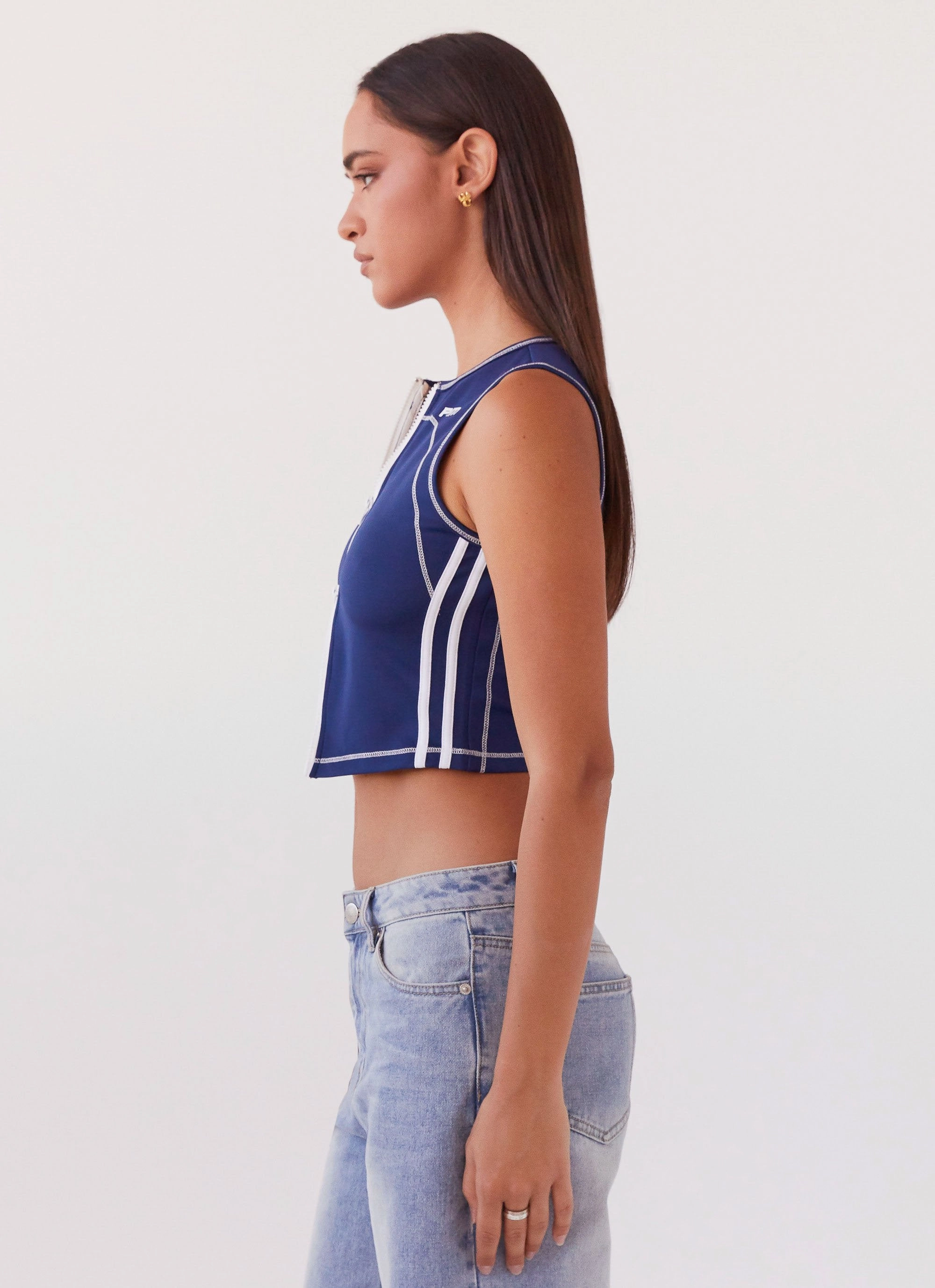 Game Face Sleeveless Top - Space Blue Textured Fabric Finish Sleeveless Tee