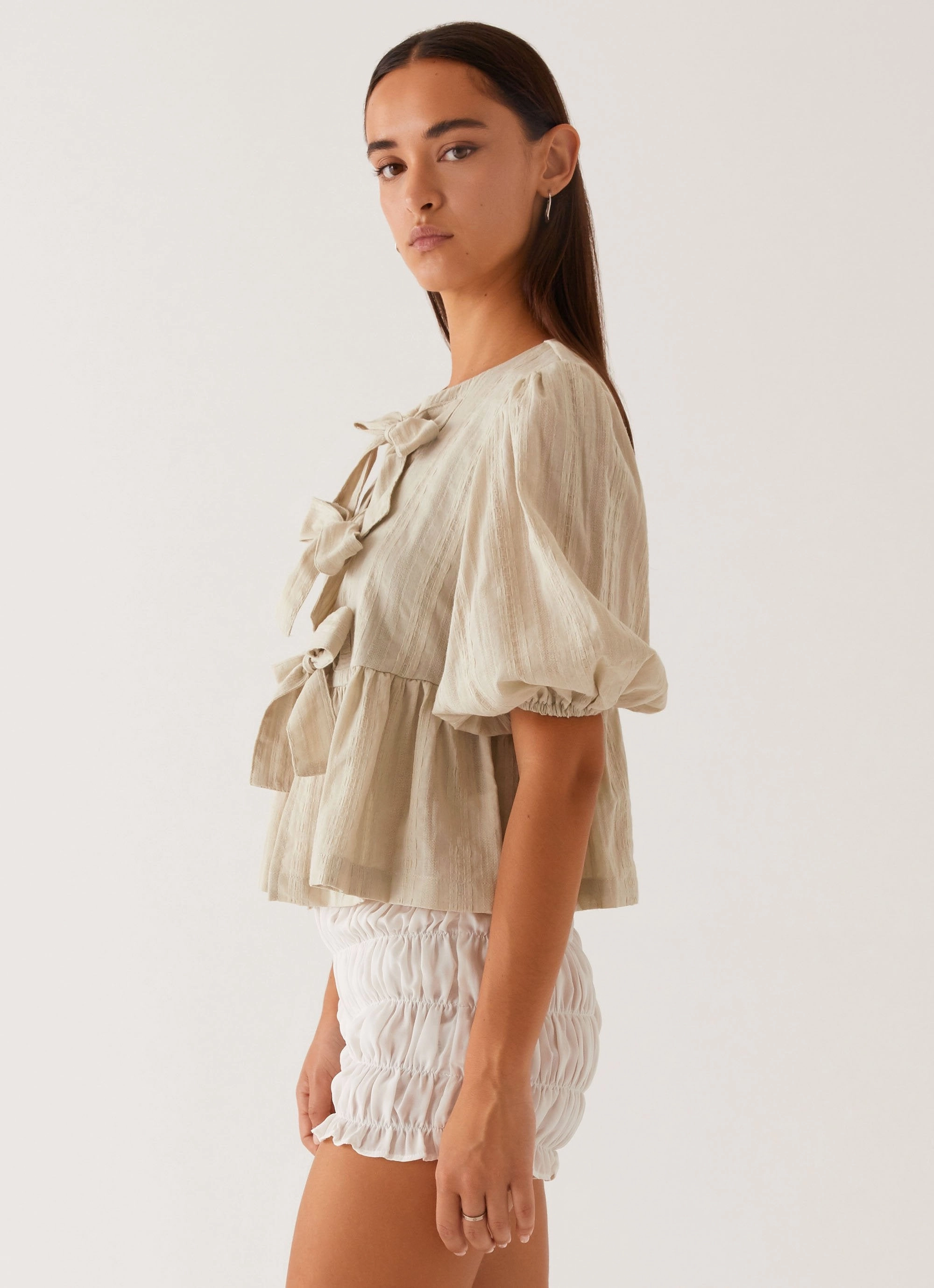 Neutral Tone Stitching Western Wind Tie Top - Sage