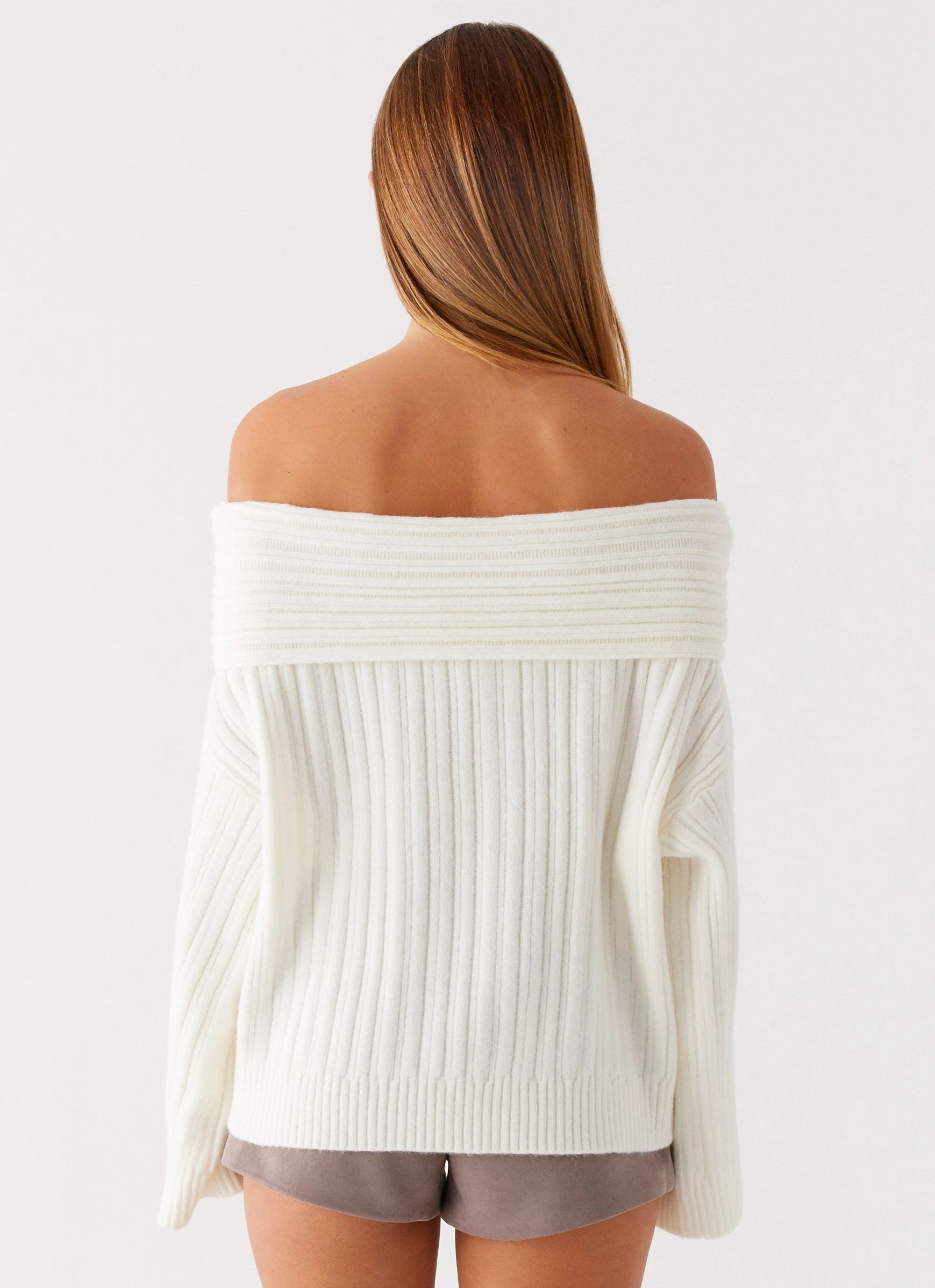 Long Sleeve Shirt Elegant Cardigan Federica Off Shoulder Knit - White