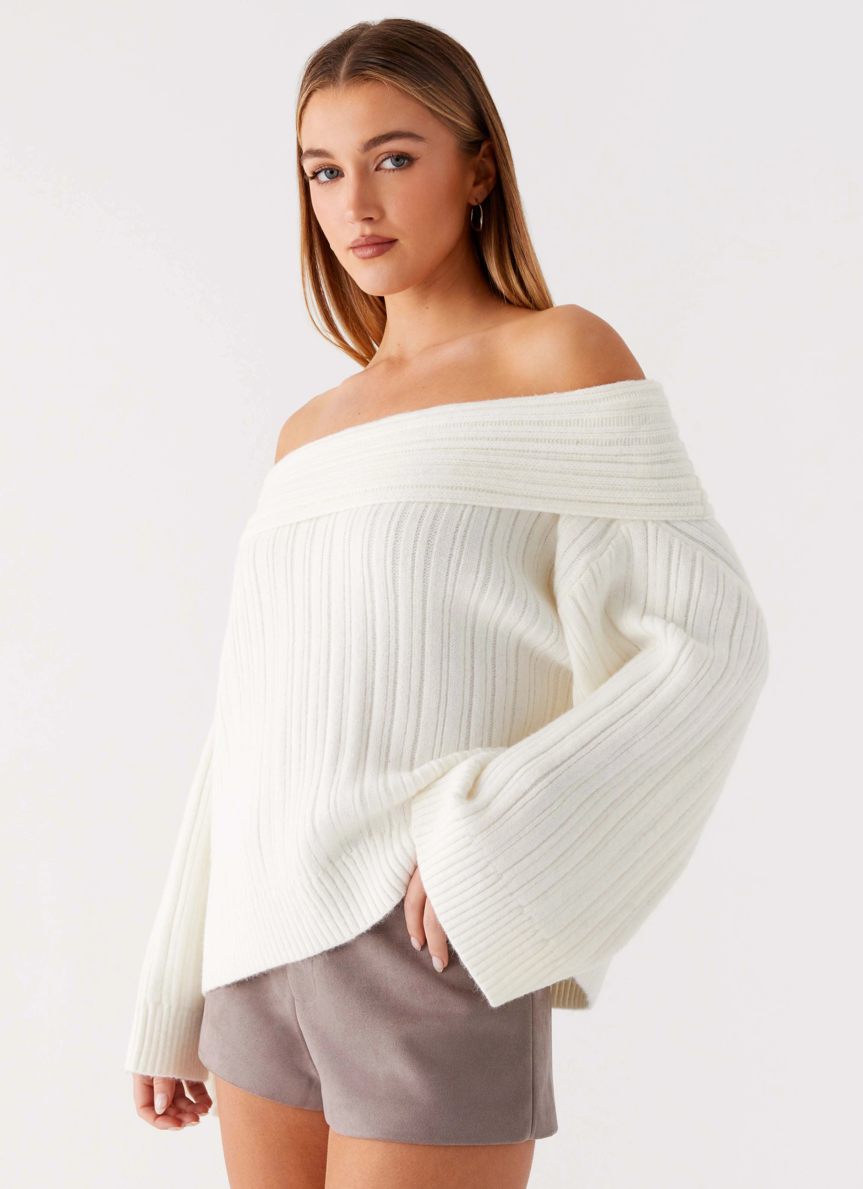Federica Off Shoulder Knit - White Flatlock Seam Technique