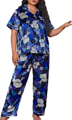 WDIRARA Women's Plus Size Sleepwear Floral Print Button Front Short Sleeve Shirt and Pants Satin Pajama Set